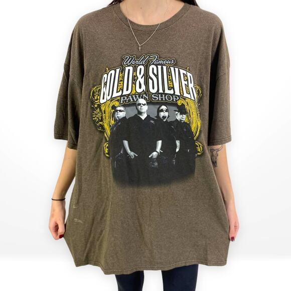 00s DELTA PRO WEIGHT Vintage Brown Gold Silver Pawn Shop T-Shirt - Picture 1 of 7